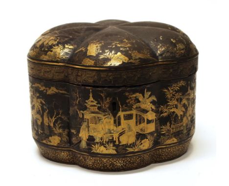 Antique English chinoiserie tea caddy with traditional figural and scenic decoration opening to etched silver metal fitted in