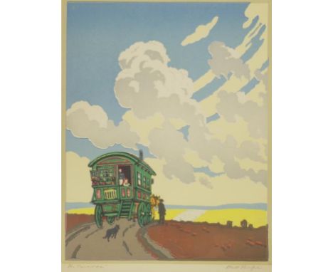 John Hall Thorpe (1874-1947) 'The Caravan' coloured woodblock print, signed and titled lower left and right, (33cm X 36cm app