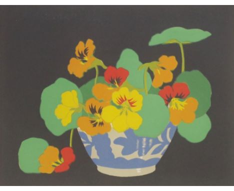 John Hall Thorpe (1874-1947) 'Nasturtiums' coloured woodblock print, unsigned, (23cm X 29cm approx). Unframed.