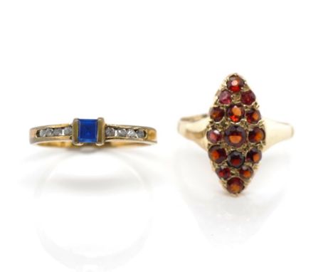 9ct rose gold garnet ring one of navette shape set with garnets and another marked 18k set with simulants and tests as plate.