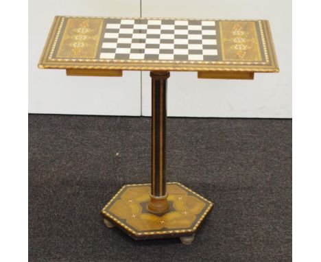 Continental inlaid marquetry chess table with 2 drawers containing chess pieces, losses to 2 top  corners and pedestal column