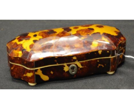 Georgian tortoiseshell trinket box on 4 ivory bun feet &amp; ivory lining, cracks to lid, 15cm wide approx., NB This item can