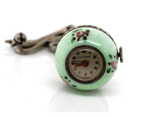 Bucherer enamel pendant / nurses watch with a manual wind movement and floral with guilloche mint green enamel decoration. Ma