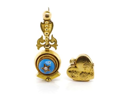 9ct gold heart pendant and Victorian gold brooch the heart form pendant has English import marks to the bail. The enamel broo