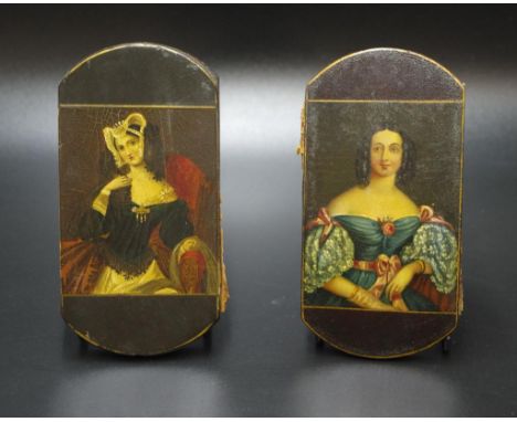 Pair vintage leather &amp; lacquer spectacle cases each decorated with classical portrait, (worn condition to leather lining)