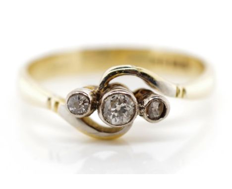 Diamond trilogy and 9ct yellow gold ring marked London 1979. Approx weight 2.4 grams, ring size P