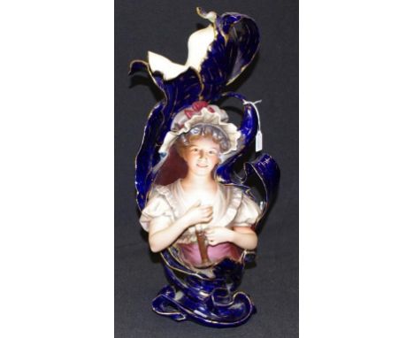 Art Nouveau Volkstedt German vase, C:1900 free-form foliate shaped vase,with central hands free maiden holding a chamber stic