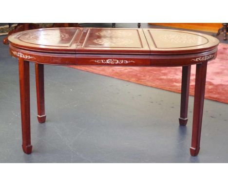 Chinese rosewood extension table with mother of pearl inlay and glass top, 147cm long (with extension), 101.5cm (without), 91