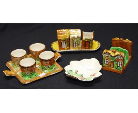 Three sets Price Brothers novelty tableware each with cottage form decoration, including toast rack, 4 piece condiment set, 4