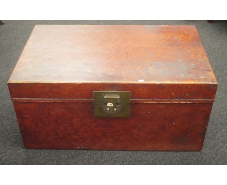 Vintage Chinese leather trunk red leather trunk, brass clasp and handles, (height 37cm, width 83cm approx).