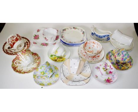 Collection vintage Shelley part teasets including Daffodil cup &amp; saucer, # 13670; 'Oleander' cup &amp; tennis saucer/plat