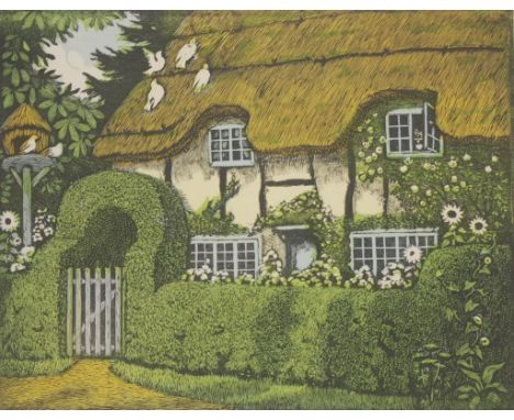 John Hall Thorpe (1874-1947) Thatched Cottage coloured woodblock print, unsigned, (23cm X 29cm approx). Unframed