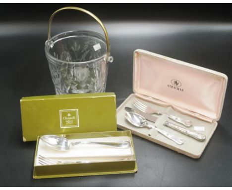 Christofle silver plate spoon &amp; fork set dessert spoon and fork, in original packaging; together with boxed 3 piece Strac