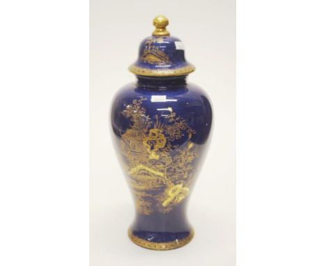Wilton Ware ceramic lidded urn gilt oriental scene decoration, (in the manner of Carlton Ware), with bored hole to base, (hei