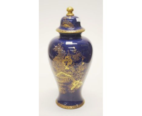 Wilton Ware ceramic lidded urn gilt oriental scene decoration, (in the manner of Carlton Ware), with bored hole to base, (hei