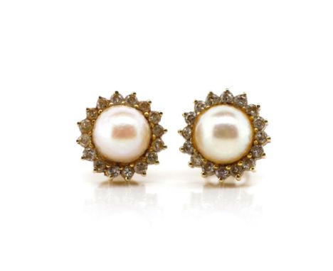 Pearl, diamond and gold stud earrings unmarked. Approx 2x 7mm cultured pearls and 32x eight cut diamonds. Total earring weigh