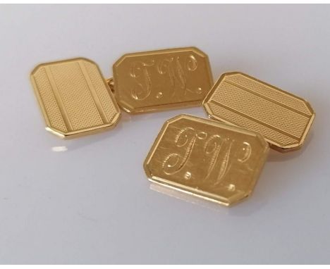 A pair of mid-century 18ct yellow gold cufflinks with engine turned design, initialled, by The Albion Chain Co., London, 12.3
