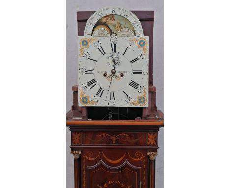 A George III long case mahogany moon phase clock with white painted dial, signed Whitern Abingdon, subsidiary seconds dial an