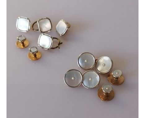 Four square gold and mother-of-pearl shirt buttons and two smaller, stamped 9ct &amp; 18ct for Wilson and Gill, 7.3g together