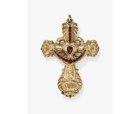 Kreuzanhänger mit GranatenBöhmen, um 1850Gelbgold 585/-, getestet. 1 größerer tropfenförmiger Granat im Rosenschliff und 20 k