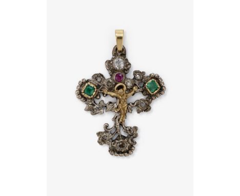 Seltener Kreuzanhänger mit Korpus Christi und BlütenrankenWohl Spanien, um 1740-1750Gelbgold 750/- und Silber, getestet. 10 k