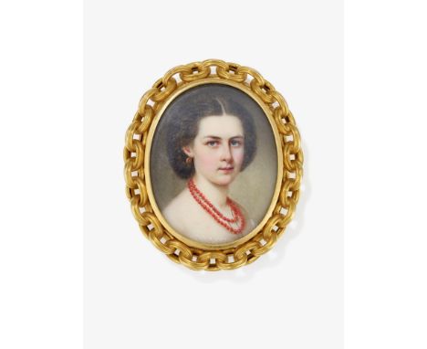 Collierschließe mit Porträtminiatur einer jungen Dame mit KorallenschmuckDeutschland, datiert Juni 1864Gelbgold 750/-, getest