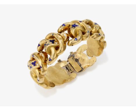 Armband mit EmailDeutschland, um 1850Gelbgold 585/-, getestet. Weißes und königsblaues Email. Email teilweise min. best., Arm