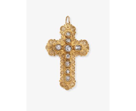 Seltener Kreuzanhänger mit DiamantenWohl Österreich, um 1800-1820Gelbgold und Gelbgoldfiligran 750/-, getestet. 9 Diamantrose