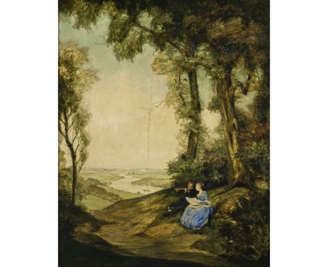 Hermann Gradl1883 Marktheidenfeld - 1964 Nürnberg"Marienlied"Flötenspieler und junge Frau in blauem Kleid an einer Baumgruppe