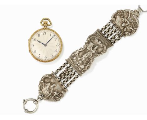 Taschenuhr mit floralem Emaildekor und ChatelaineTaschenuhr: um 1840, Chatelaine: dat. 1783Gold 585/-, getestet und Silber. S