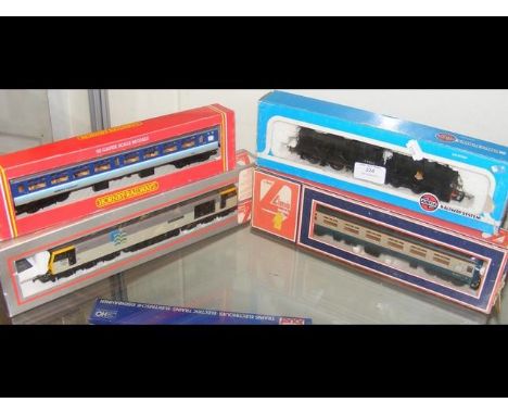A boxed Lima electric locomotive, together with one other loco and tender and two carriages  