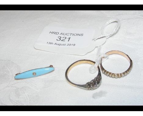 A diamond ring, gold band, together with a small turquoise brooch 