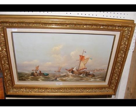 K DOUGLAS - oil on canvas of shipping off the coast of Holland - signed and dated 1983 - in decorative gilt frame - 30cm x 50