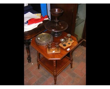 A two tier occasional table, together with barometer, postal scales, etc. 