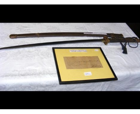 A World War Two Japanese Shin Gunto sword - surrendered to Captain A Judkin - with British Army Certificate - 102cm long - wi