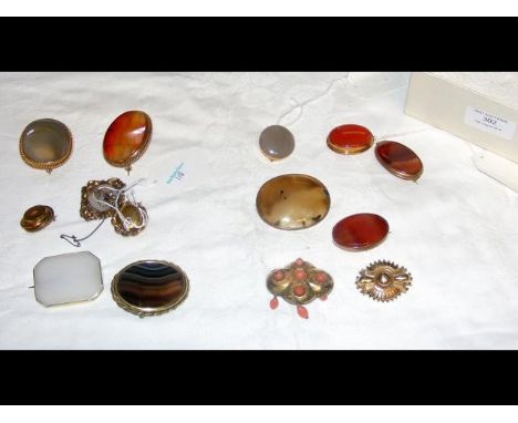 Selection of fourteen antique brooches - some in gold mounts 