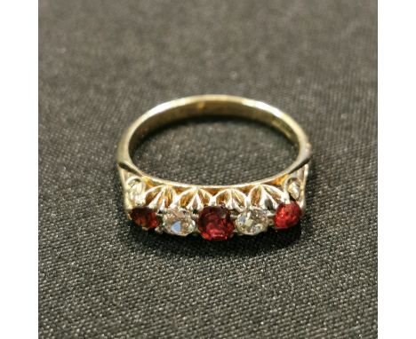 18CT GOLD ANTIQUE 5 STONE DIAMOND &amp; RUBY RING