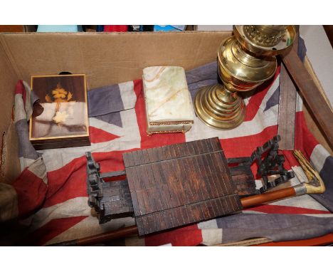 Box to include vintage flag and scratch built table and chairs made from pegs