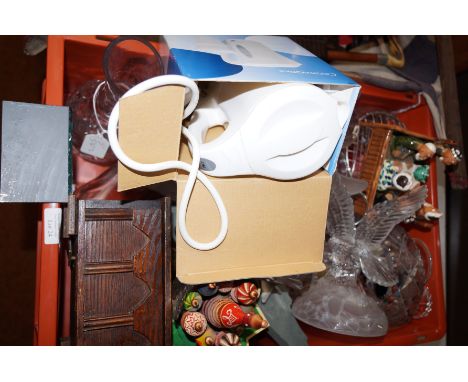 Box of glass ware to include vintage lamp
