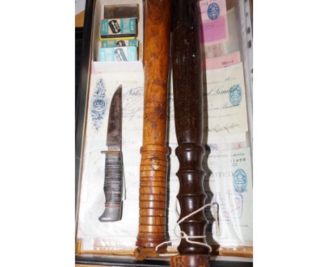 Group of vintage items to include truncheon &amp; vintage bank cheques 
