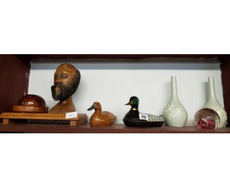 SHELF OF TREEN, WOODEN DUCK, METAL DUCK, OTHERS & WOODEN ITEMS, COPELAND VASES & A PAPERWEIGHT