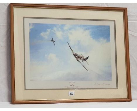 A COLOUR PRINT “RAMROD 792” BY ROBERT TAYLOR,  A SPITFIRE FLOWN BY WING COMMANDER “JOHNNIE” JOHNSON SHOOTING DOWN A NAZI FOCK