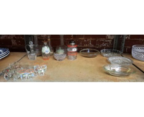 SHELF OF MISC GLASSES INCL; DECANTERS & BOWLS