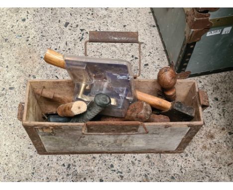 WOODEN AMMUNITION BOX WITH MISC HAND TOOLS