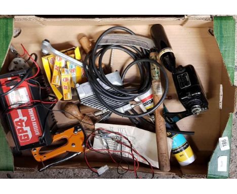 CARTON WITH A BATTERY CHARGER, SPARK PLUGS, A STANLEY BRIDGES COMPRESSOR ATTACHMENT, SEWING MACHINE MOTOR LIGHT & OTHER TOOLS