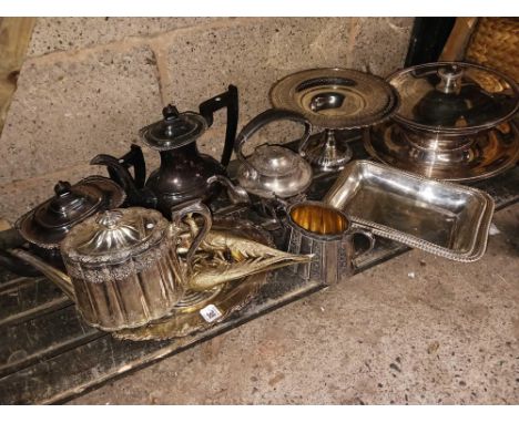 SHELF OF MISC PLATEDWARE INCL; TEA POTS, TRAYS ETC