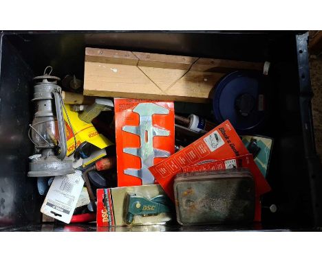 CRATE WITH MISC HAND TOOLS, SAWS, SCREWDRIVERS, PLANE, STORM LANTERN & MANY OTHER HAND TOOLS