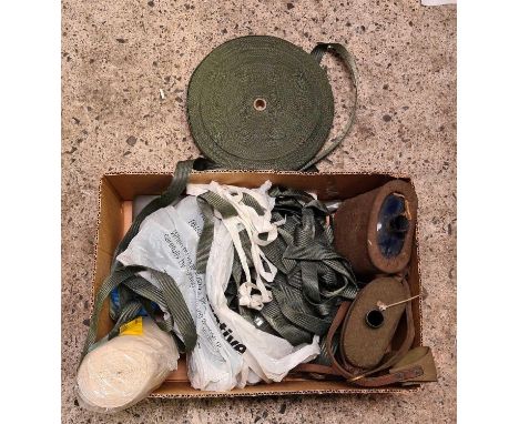 CARTON WITH MISC NYLON STRAPPING, 2 FIRST WORLD WAR WATER BOTTLES, POLISHING & WIPING CLOTH & AN ENTRENCHING TOOL