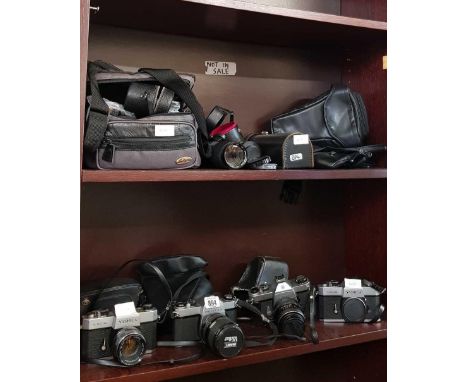 2 SHELVES OF MISC CAMERA'S & CAMERA EQUIPMENT INCL; YASHIKA & PENTAX