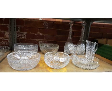 SHELF OF MISC GLASS BOWLS, DECANTERS & OTHER GLASSWARE